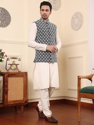 Black silk embroidered nehru jacket for mens 5