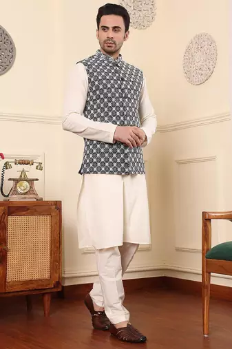 Black silk embroidered nehru jacket for mens