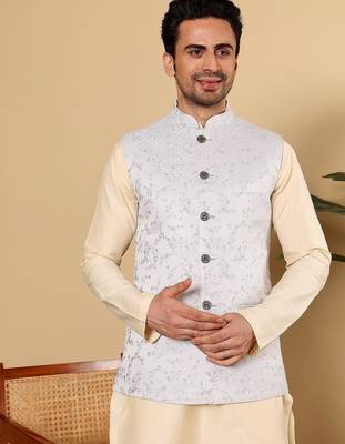 Blue silk embroidered nehru jacket for mens 1