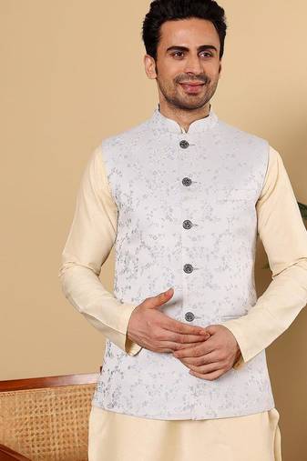 Blue silk embroidered nehru jacket for mens