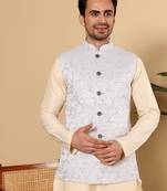 Blue silk embroidered nehru jacket for mens