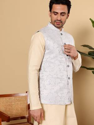 Blue silk embroidered nehru jacket for mens 2