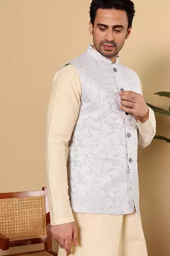 Blue silk embroidered nehru jacket for mens