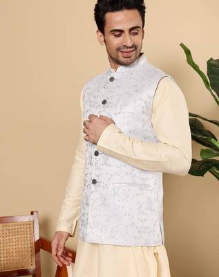 Blue silk embroidered nehru jacket for mens 3