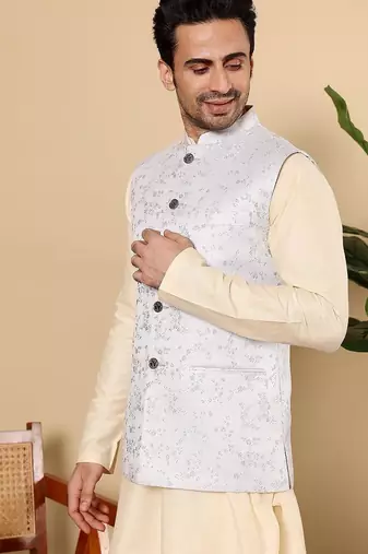 Blue silk embroidered nehru jacket for mens
