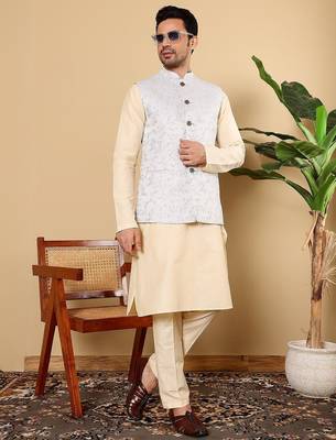 Blue silk embroidered nehru jacket for mens 4