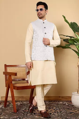 Blue silk embroidered nehru jacket for mens