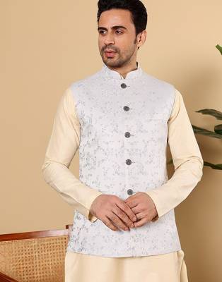 Blue silk embroidered nehru jacket for mens 5