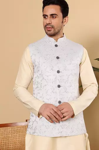 Blue silk embroidered nehru jacket for mens