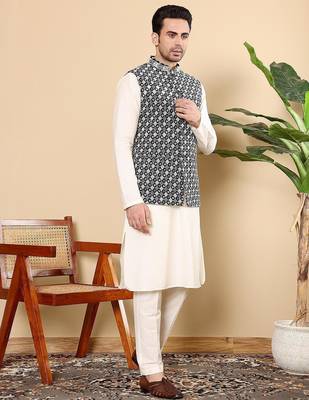 Black silk embroidered nehru jacket for mens 1