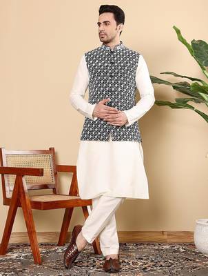 Black silk embroidered nehru jacket for mens 2