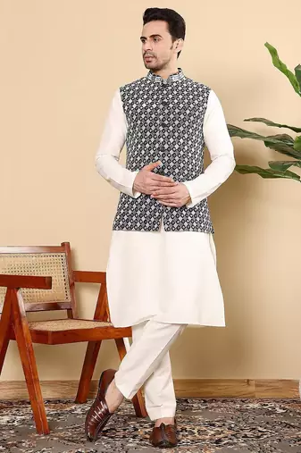 Black silk embroidered nehru jacket for mens