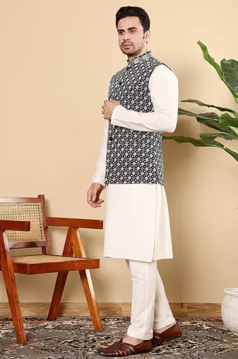 Black silk embroidered nehru jacket for mens
