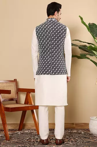 Black silk embroidered nehru jacket for mens