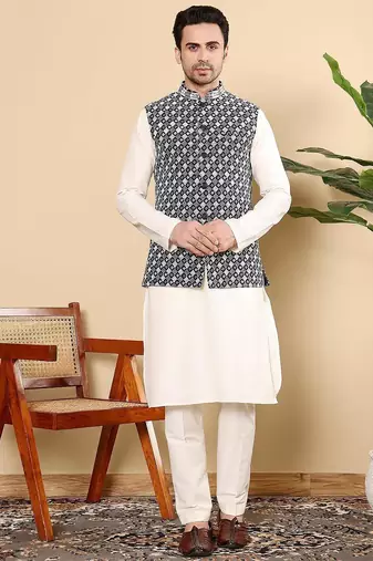 Black silk embroidered nehru jacket for mens