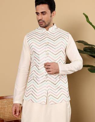 White silk embroidered nehru jacket for mens 1