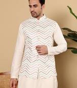 White silk embroidered nehru jacket for mens