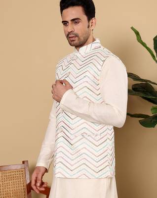 White silk embroidered nehru jacket for mens 2