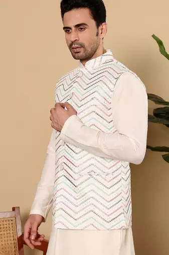 White silk embroidered nehru jacket for mens