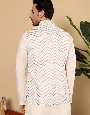 White silk embroidered nehru jacket for mens 3