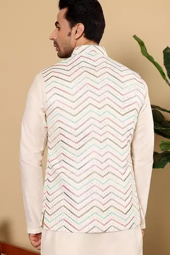White silk embroidered nehru jacket for mens