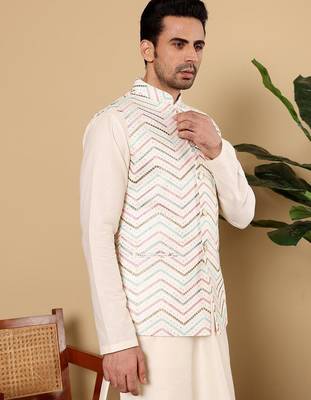 White silk embroidered nehru jacket for mens 4