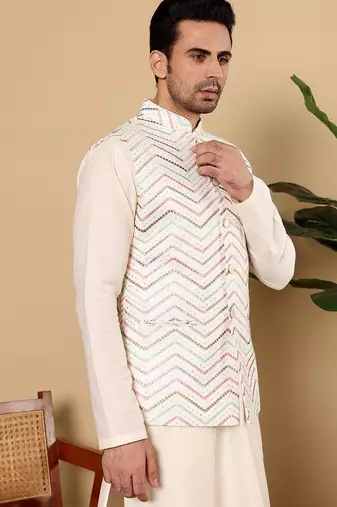 White silk embroidered nehru jacket for mens