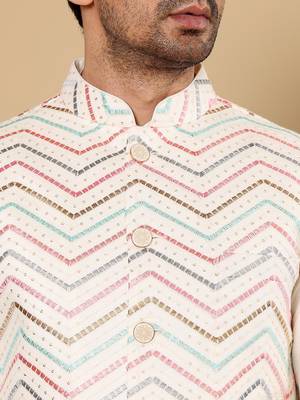 White silk embroidered nehru jacket for mens 5