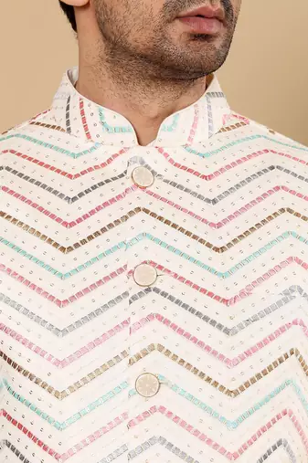 White silk embroidered nehru jacket for mens