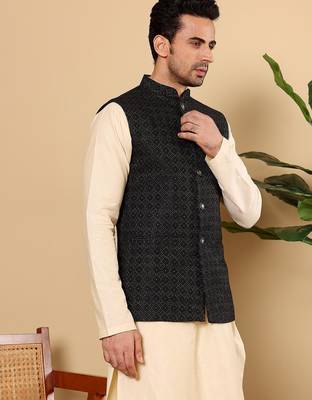 Black silk embroidered nehru jacket for mens 1