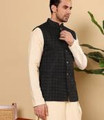Black silk embroidered nehru jacket for mens