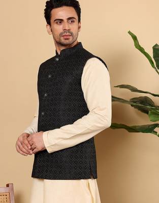 Black silk embroidered nehru jacket for mens 2