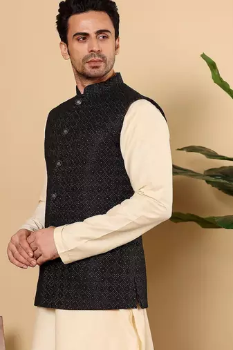 Black silk embroidered nehru jacket for mens