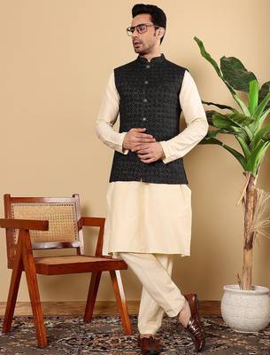Black silk embroidered nehru jacket for mens 3