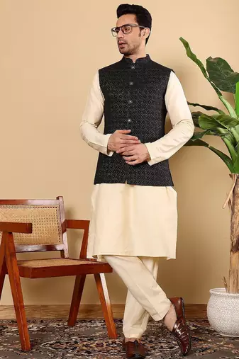 Black silk embroidered nehru jacket for mens