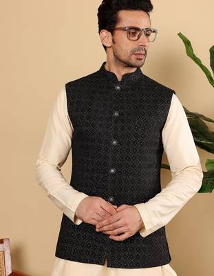 Black silk embroidered nehru jacket for mens 4