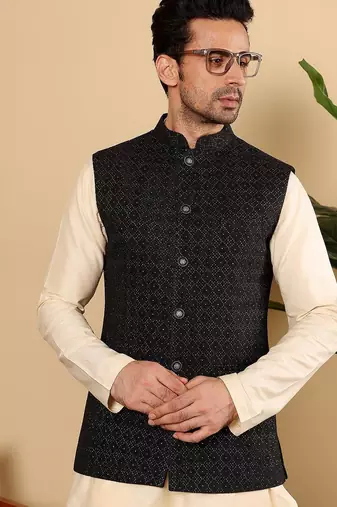Black silk embroidered nehru jacket for mens