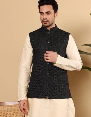 Black silk embroidered nehru jacket for mens 5