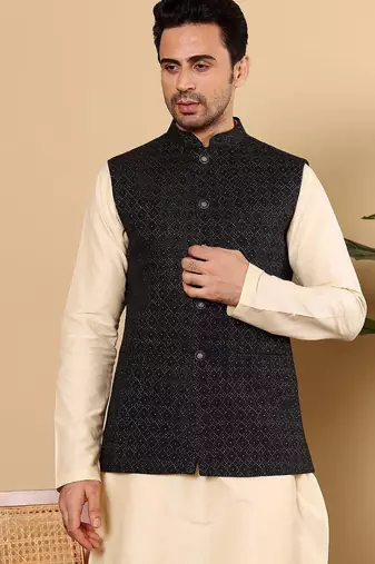 Black silk embroidered nehru jacket for mens