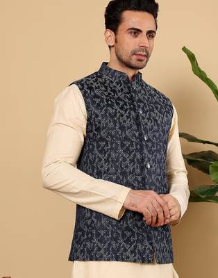 Blue silk embroidered nehru jacket for mens 1