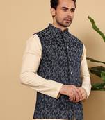 Blue silk embroidered nehru jacket for mens