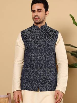 Blue silk embroidered nehru jacket for mens 2