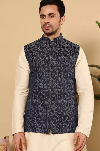 Blue silk embroidered nehru jacket for mens