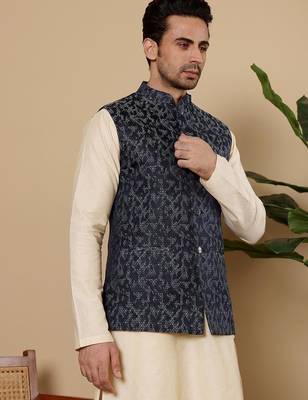 Blue silk embroidered nehru jacket for mens 3