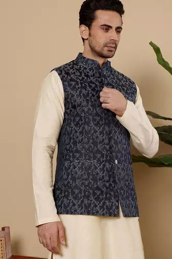 Blue silk embroidered nehru jacket for mens