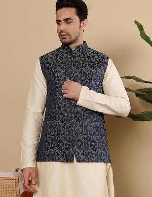 Blue silk embroidered nehru jacket for mens 4