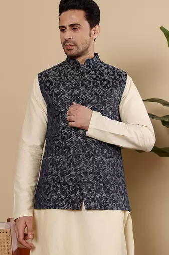 Blue silk embroidered nehru jacket for mens