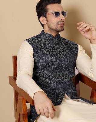 Blue silk embroidered nehru jacket for mens 5