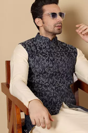 Blue silk embroidered nehru jacket for mens