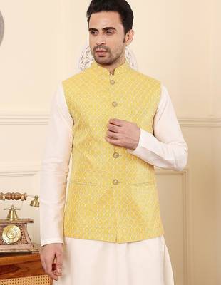 Yellow silk embroidered nehru jacket for mens 1